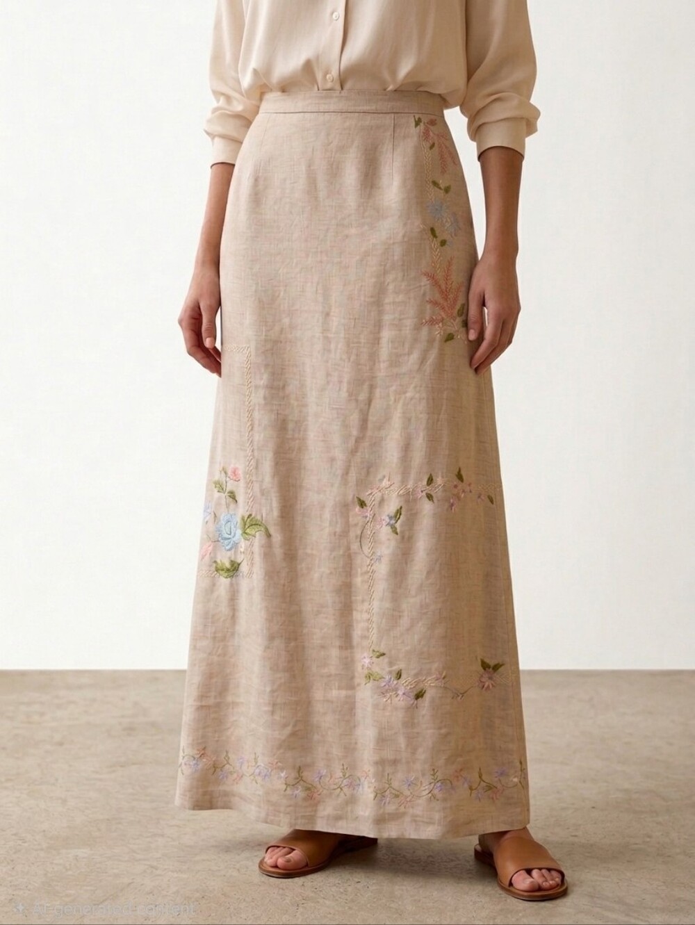 Deane & White 100% Linen Floral Embroidered Maxi Skirt Beige Tan Size 8